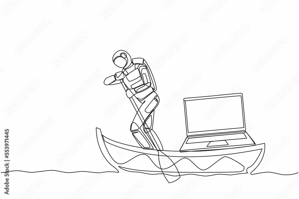 Poster single continuous line drawing astronaut sailing away on boat with laptop computer. high-tech to car