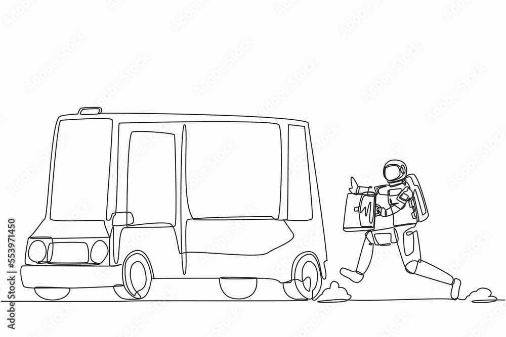 Poster single continuous line drawing of young astronaut run chasing bus in moon surface. analysis of the t
