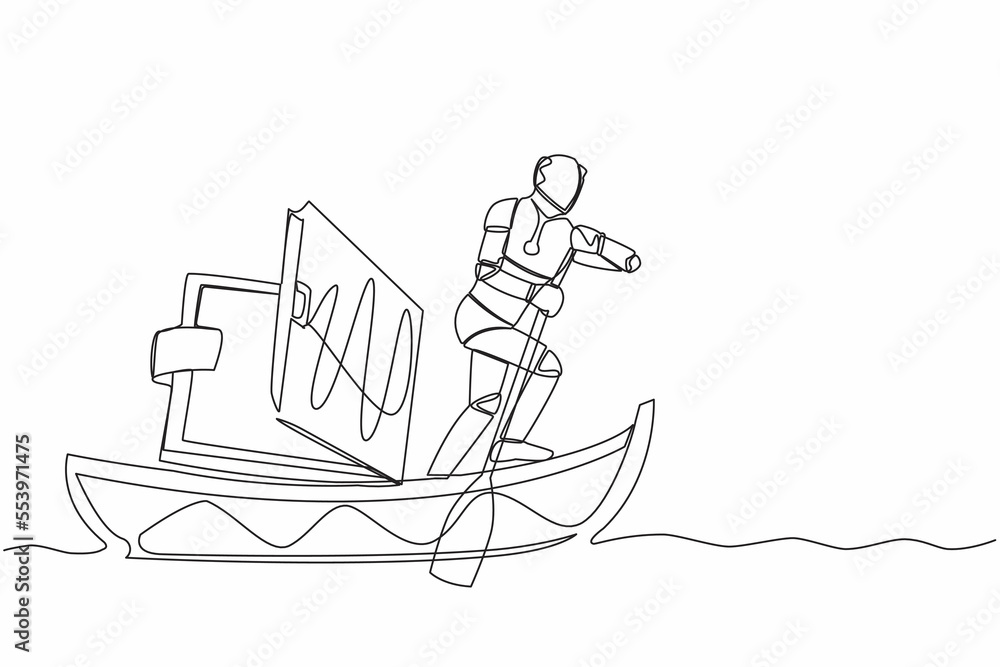 Poster continuous one line drawing robot sailing away on boat with wallet. problem in tech company due to e