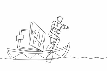 Continuous one line drawing robot sailing away on boat with wallet. Problem in tech company due to economic crisis. Humanoid robot cybernetic organism. Single line design vector graphic illustration