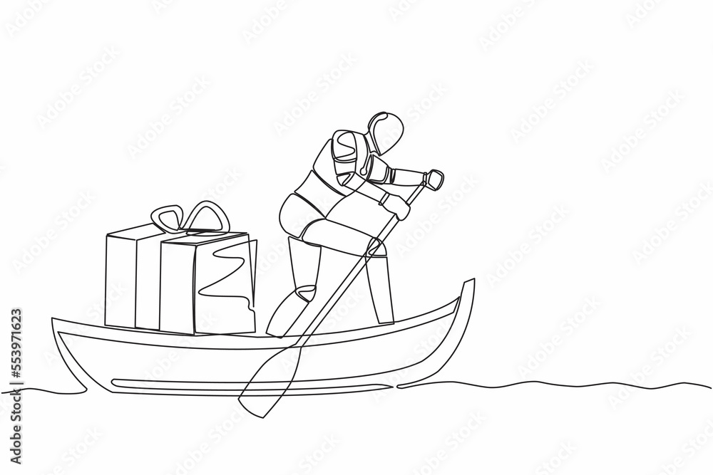 Aufkleber single continuous line drawing robot sailing away on boat with gift box. prizes for outstanding tech