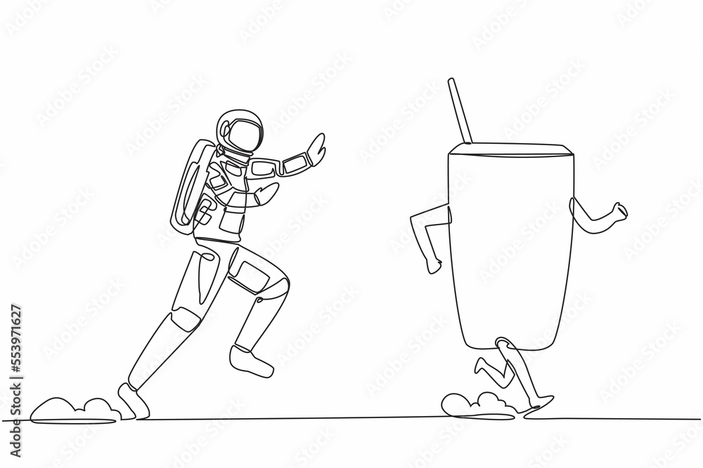 Poster single one line drawing of young astronaut run chase coffee cup in moon surface. enjoying black coff