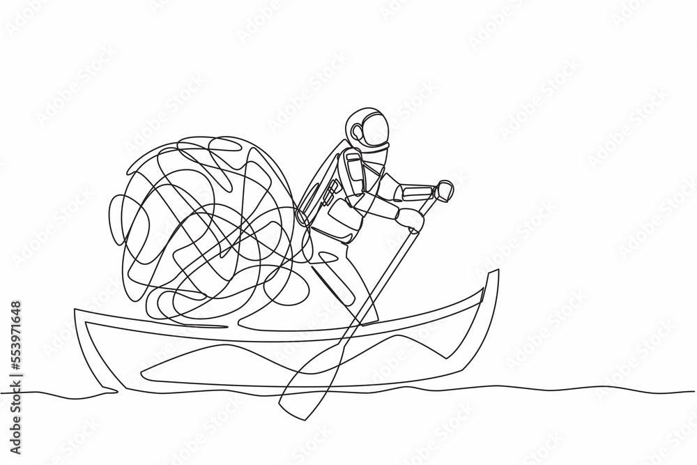 Poster single one line drawing of astronaut sailing away on boat with messy line. confusion and anxiety whe