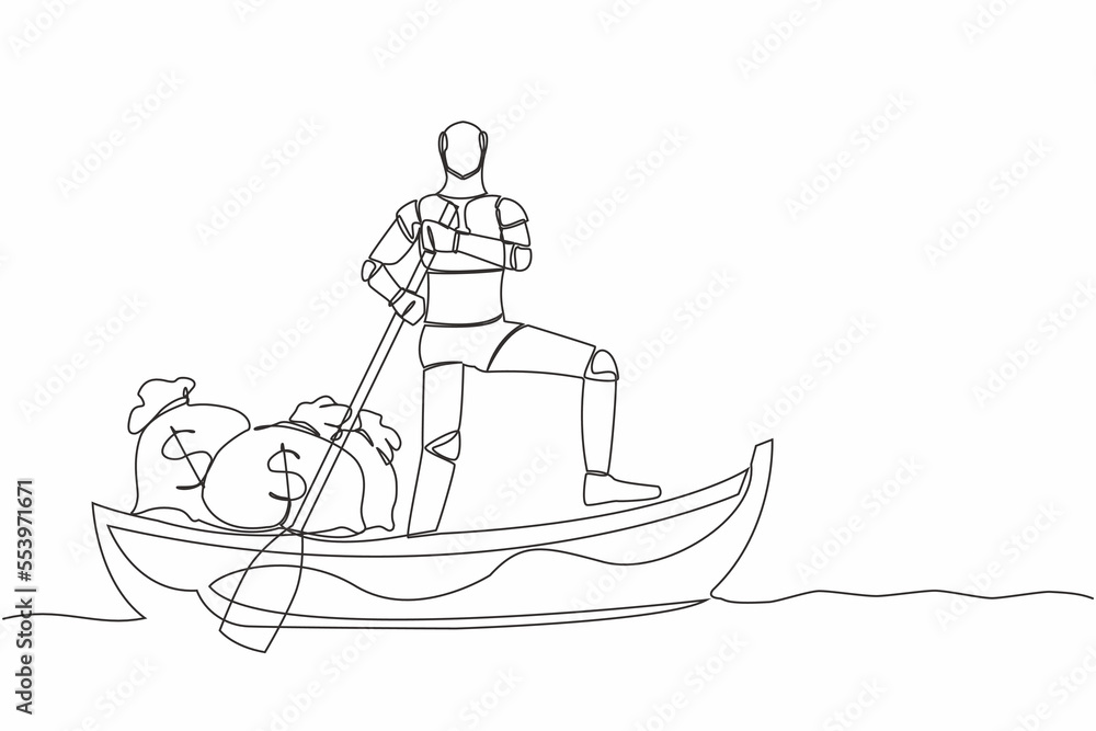 Aufkleber continuous one line drawing robot sailing away on boat with stack of money bag. criminal bring huge 
