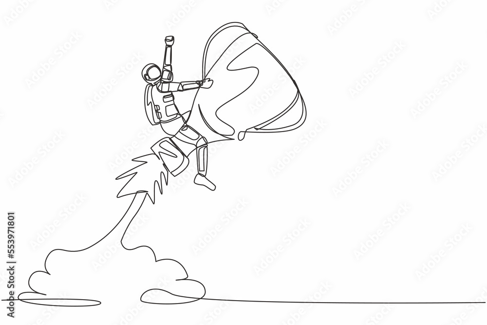 Poster continuous one line drawing astronaut riding trophy rocket flying in moon surface. improve science c