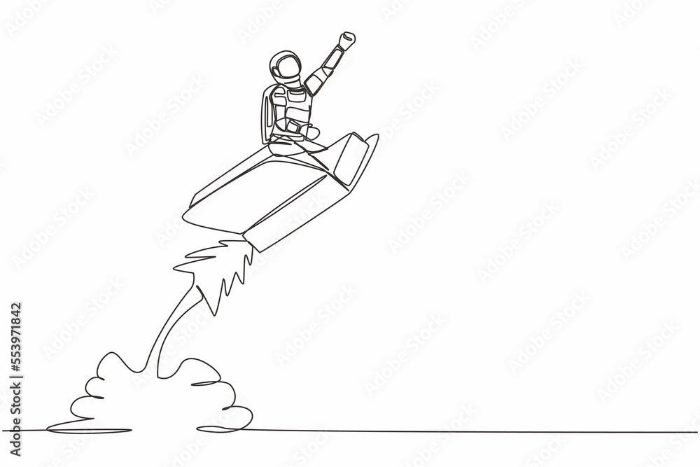 Poster single one line drawing young astronaut riding book rocket flying in moon surface. increase tech abi