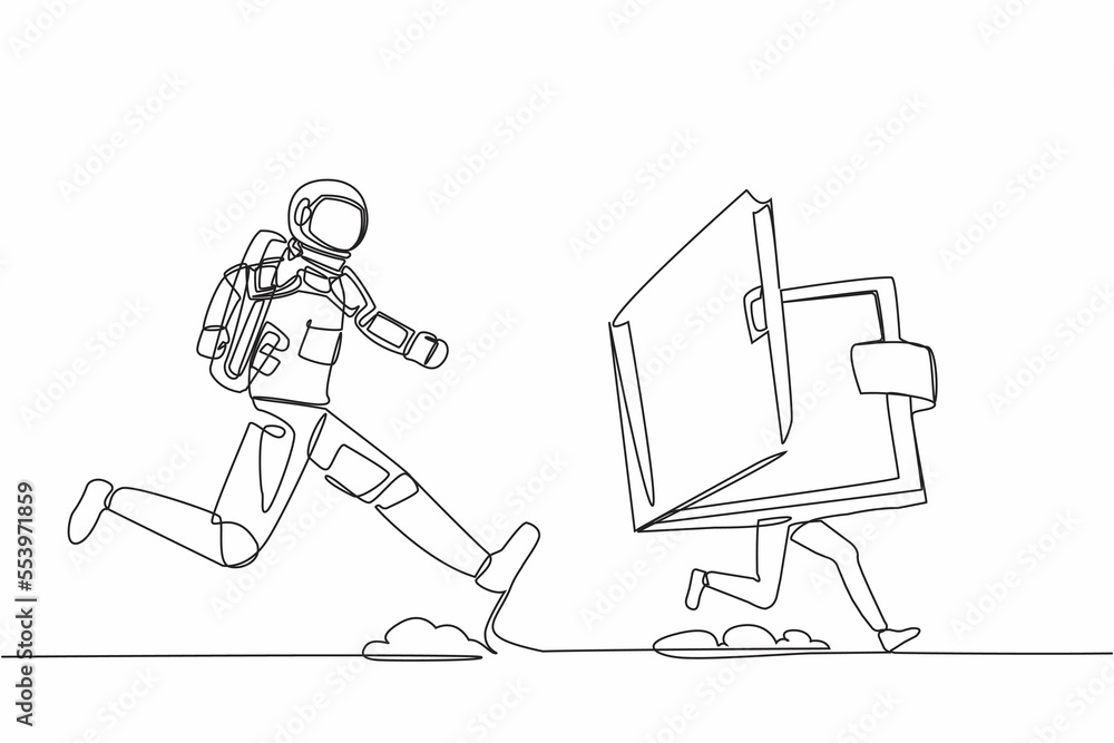 Poster continuous one line drawing of young astronaut run chasing wallet in moon surface. digital wallet ma
