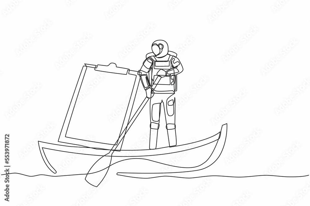 Aufkleber single continuous line drawing astronaut sailing away on boat with clipboard. document checklist for