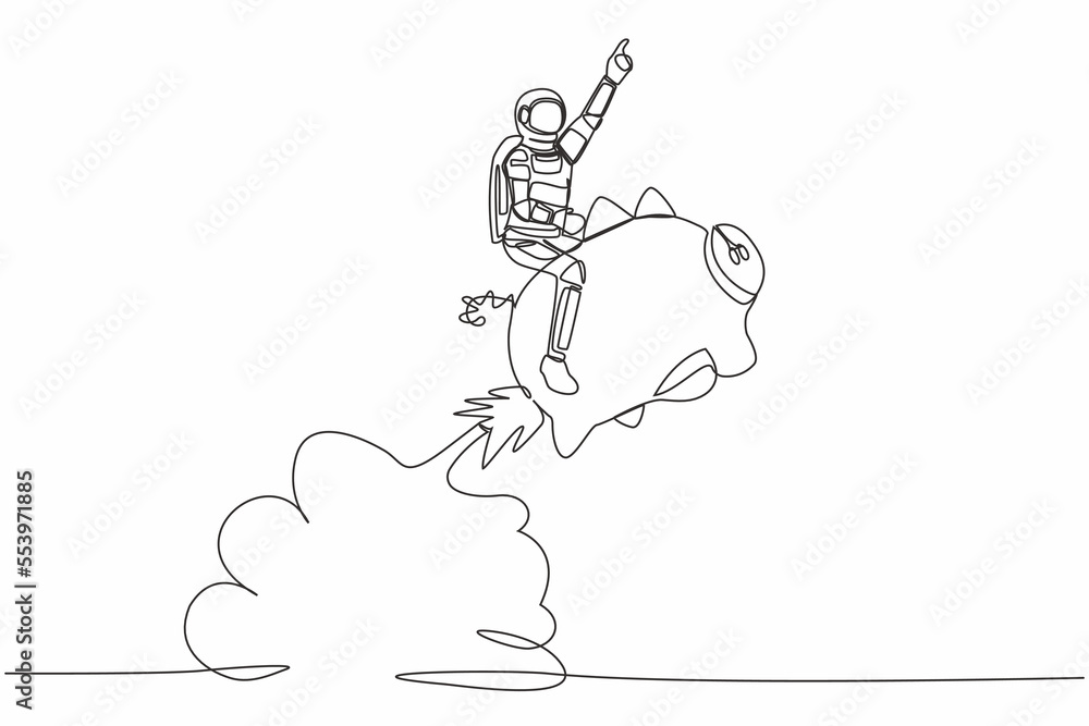 Poster continuous one line drawing astronaut riding piggy bank rocket flying in moon surface. financial pla