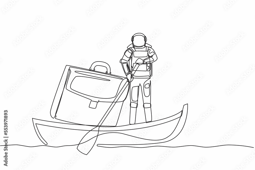 Poster continuous one line drawing young astronaut sailing away on boat with briefcase. secret document sto