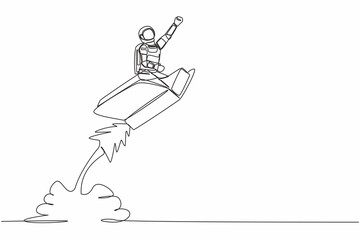 Single one line drawing young astronaut riding book rocket flying in moon surface. Increase tech ability learning to space exploration. Cosmic galaxy space. Continuous line design vector illustration