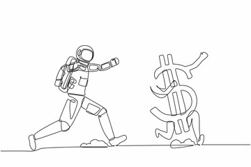 Obraz premium Single continuous line drawing young astronaut chasing dollar symbol in moon surface. Investment in space technology development. Cosmic galaxy space concept. One line draw design vector illustration