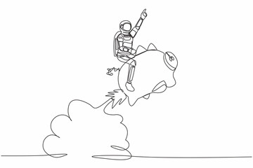 Continuous one line drawing astronaut riding piggy bank rocket flying in moon surface. Financial planning for space exploration. Cosmonaut outer space. Single line design vector graphic illustration