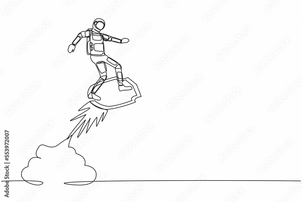Poster single one line drawing young astronaut riding shield rocket flying in moon surface. spaceship compa