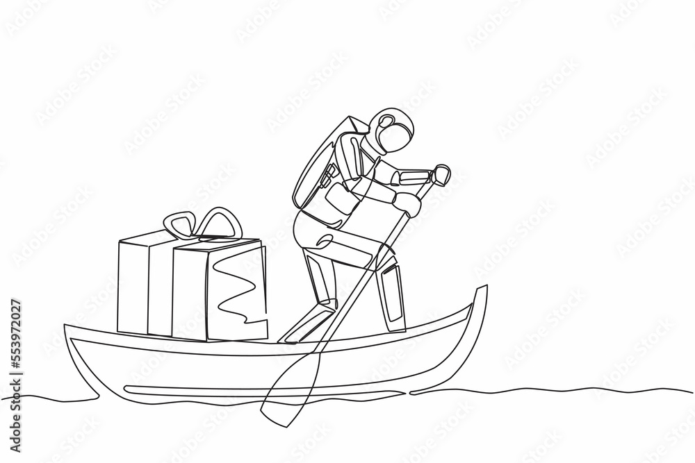 Poster single continuous line drawing astronaut sailing away on boat with gift box. prizes for cosmonauts w