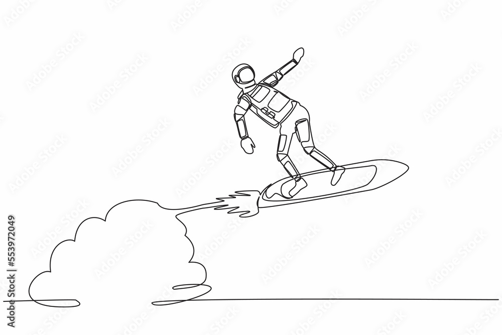Poster continuous one line drawing astronaut riding surfing board rocket flying in moon surface. exploratio
