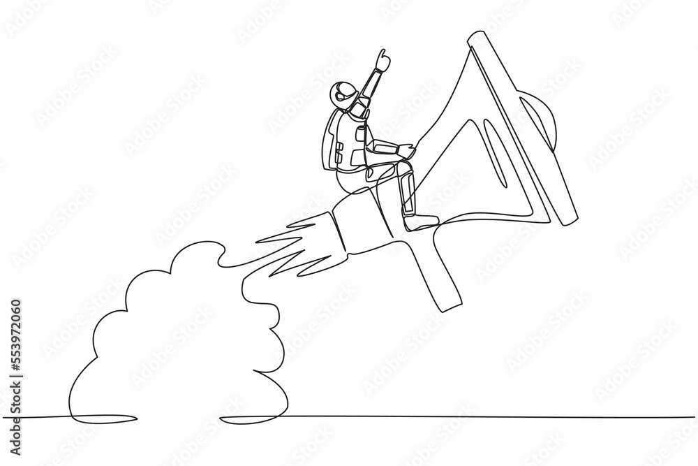 Poster single one line drawing astronaut riding megaphone rocket flying in moon surface. communication skil