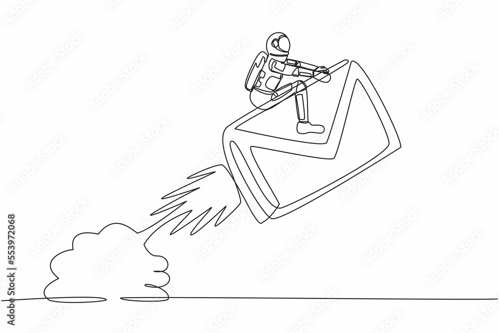 Aufkleber single continuous line drawing astronaut riding paper envelope rocket flying in moon surface. launch