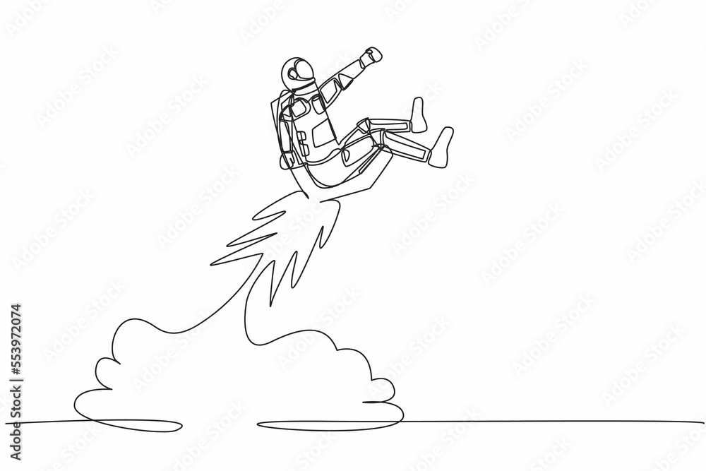 Poster continuous one line drawing astronaut riding chair rocket flying in moon surface. human resource dev