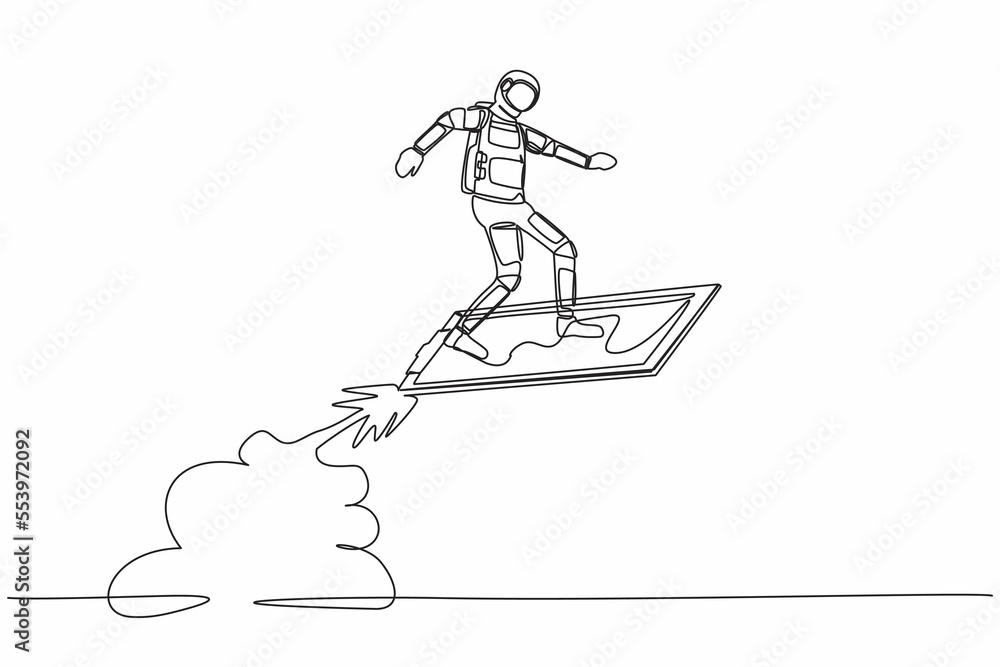 Poster single one line drawing young astronaut riding clipboard rocket flying in moon surface. analyze data
