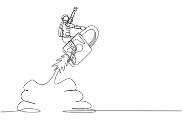 Single one line drawing young astronaut riding padlock rocket flying in moon surface. Improving the safety of spacecraft launches. Cosmic galaxy space. Continuous line draw design vector illustration