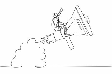 Single one line drawing astronaut riding megaphone rocket flying in moon surface. Communication skills in intergalactic roaming teams. Cosmic galaxy space. Continuous line design vector illustration