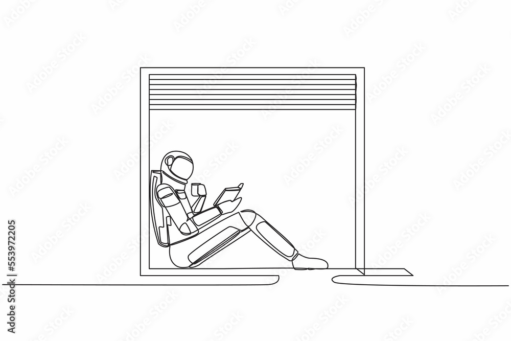 Poster single continuous line drawing astronaut on windowsill with cup of hot coffee or tea, reading book i