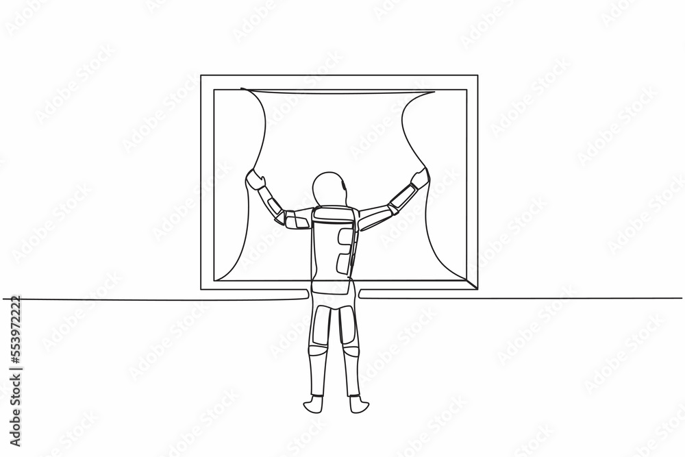 Poster single continuous line drawing young astronaut opening window curtains in moon surface. wake up and 