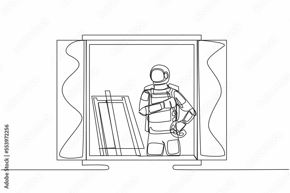 Poster continuous one line drawing astronaut painter drawing near window, holding paint brush and palette, 