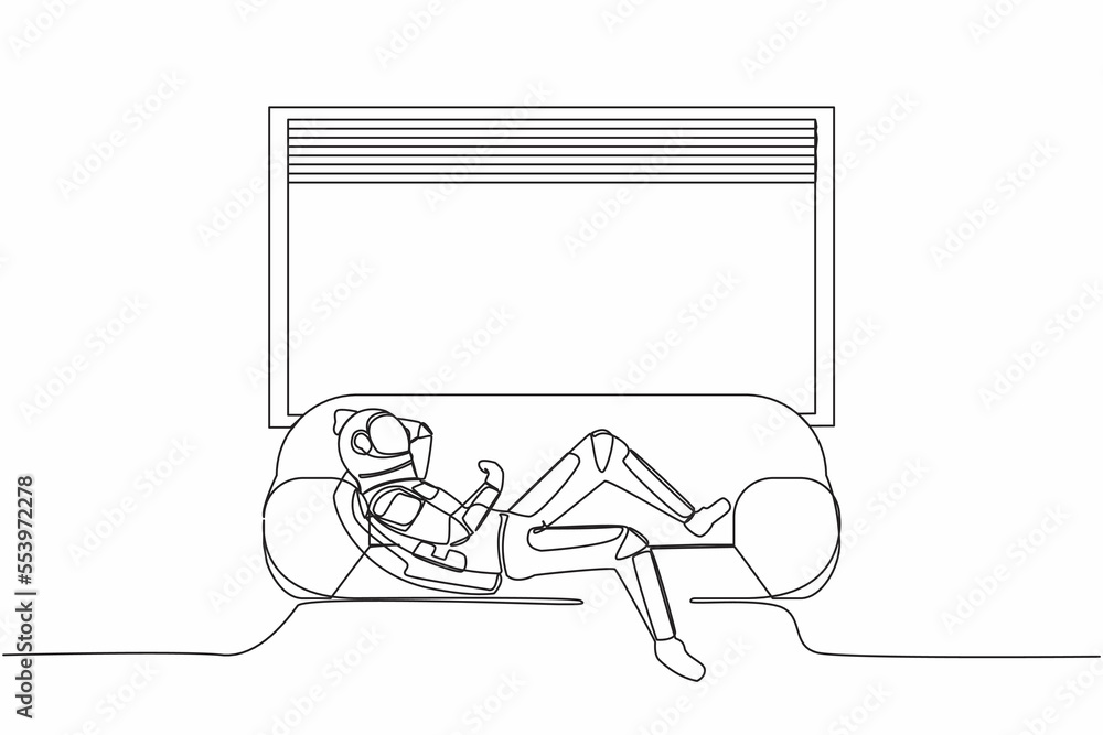Poster continuous one line drawing astronaut lying on sofa near windowsill at home in moon surface. spendin