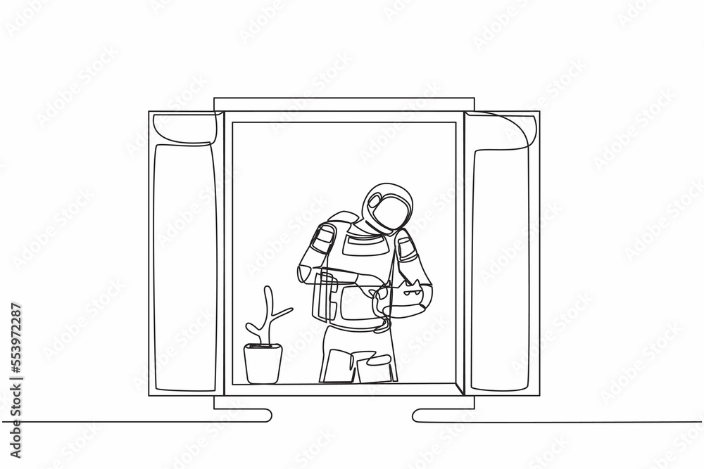 Poster continuous one line drawing young astronaut with houseplant holding cat and looking through window i