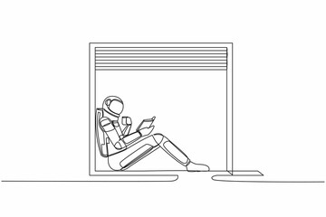 Single continuous line drawing astronaut on windowsill with cup of hot coffee or tea, reading book in moon surface. Enjoying a day in window. Cosmonaut deep space. One line design vector illustration