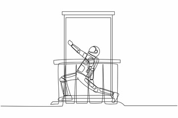 Continuous one line drawing astronaut with headphone practices yoga near window or balcony in moon surface. Sport, workout, exercise. Cosmonaut outer space. Single line draw design vector illustration
