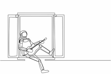 Single continuous line drawing young astronaut sitting on windowsill playing guitar, sing song in moon surface. Relaxation, comfort, romantic. Cosmonaut deep space. One line design vector illustration