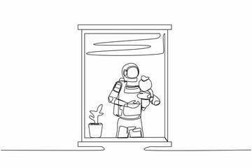 Single continuous line drawing young astronaut holding newborn baby alien near window in moon surface. Future technology development. Cosmonaut deep space. One line graphic design vector illustration