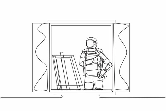 Continuous one line drawing astronaut painter drawing near window, holding paint brush and palette, sketching on canvas in moon surface. Cosmonaut outer space. Single line design vector illustration
