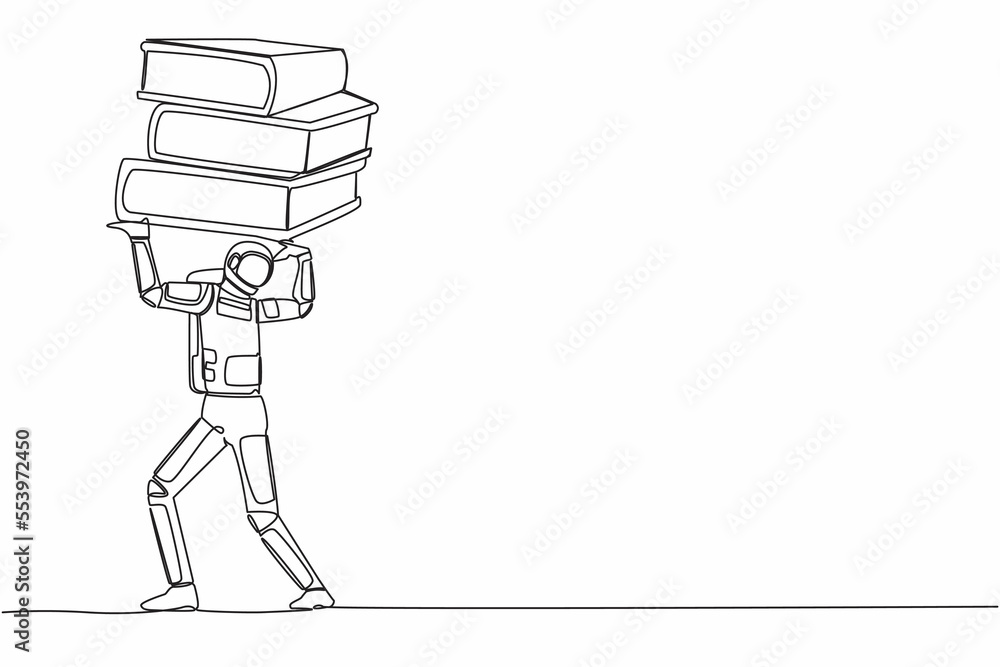 Poster single continuous line drawing astronaut carrying heavy pile paper folder on his back. spaceship pro
