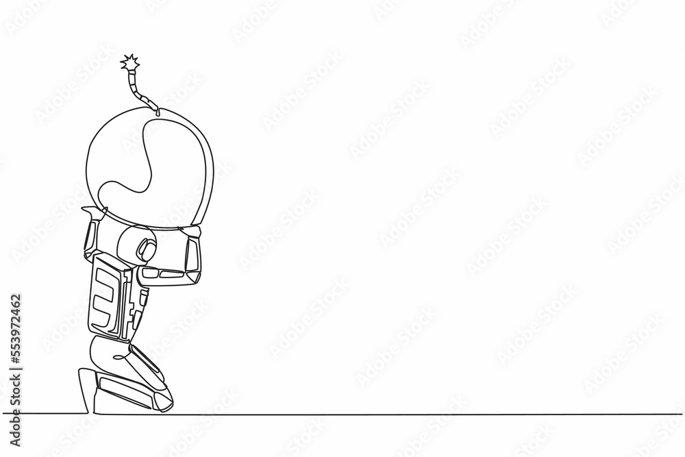 Aufkleber single continuous line drawing astronaut carrying heavy bomb on his back. spaceship company in debt 