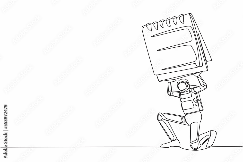 Poster continuous one line drawing young astronaut carrying heavy calendar on his back. spaceman with explo