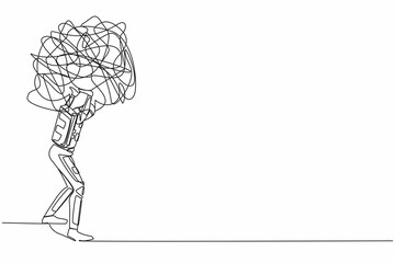 Single one line drawing young astronaut carrying heavy messy line on his back. Anxiety from planets exploration. Space company problem. Cosmic galaxy space. Continuous line design vector illustration