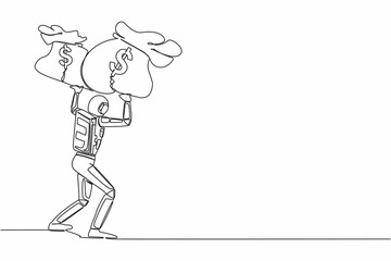 Continuous one line drawing young astronaut carrying heavy money bag on his back. Finance crisis in space company due to pandemic. Cosmonaut outer space. Single line graphic design vector illustration