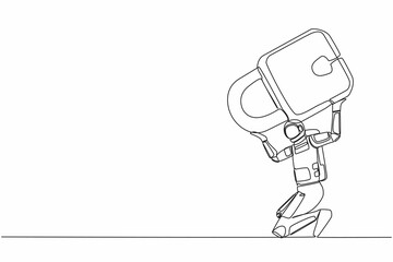 Single continuous line drawing astronaut carrying heavy padlock on his back. Space industry bankruptcy due to Covid-19 pandemic. Cosmonaut deep space. One line draw design vector graphic illustration