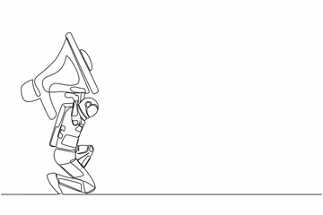 Single one line drawing young astronaut carrying heavy megaphone on his back. Conflict and communication trouble in space control. Cosmic galaxy space. Continuous line draw design vector illustration