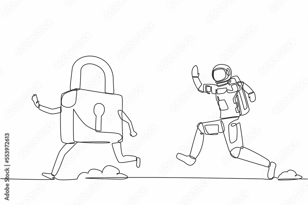Poster single continuous line drawing astronaut run chasing padlock in moon surface. space company security