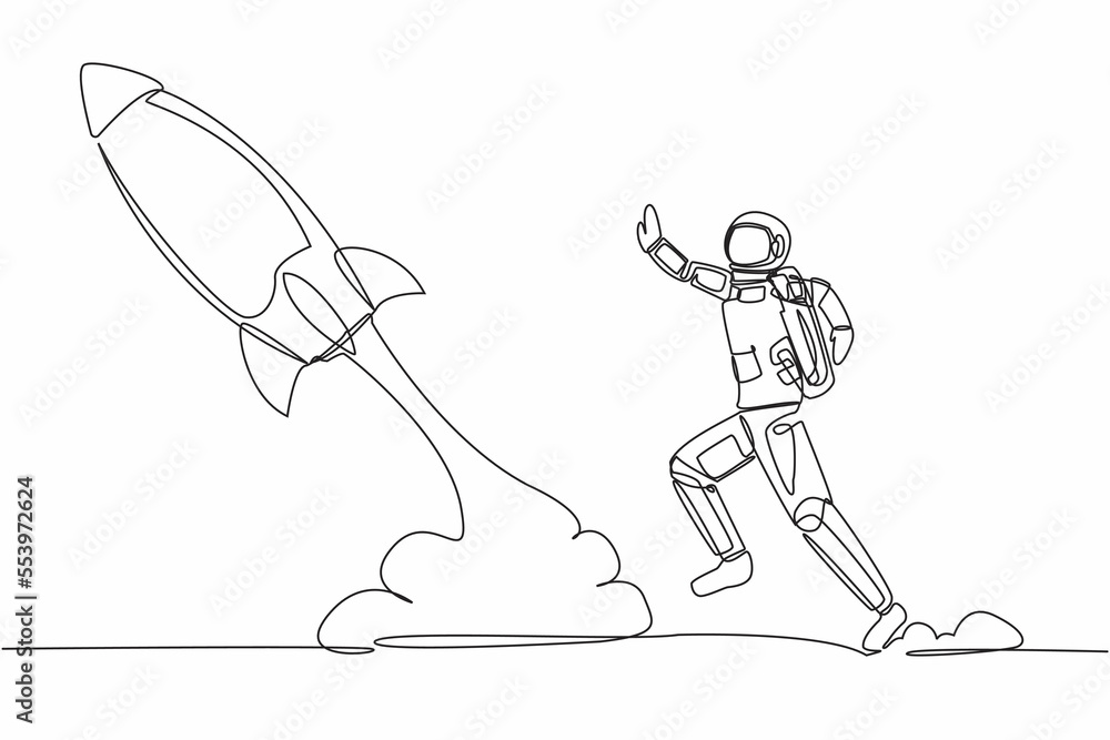 Poster continuous one line drawing young astronaut run chasing rocket take off in moon surface. left behind