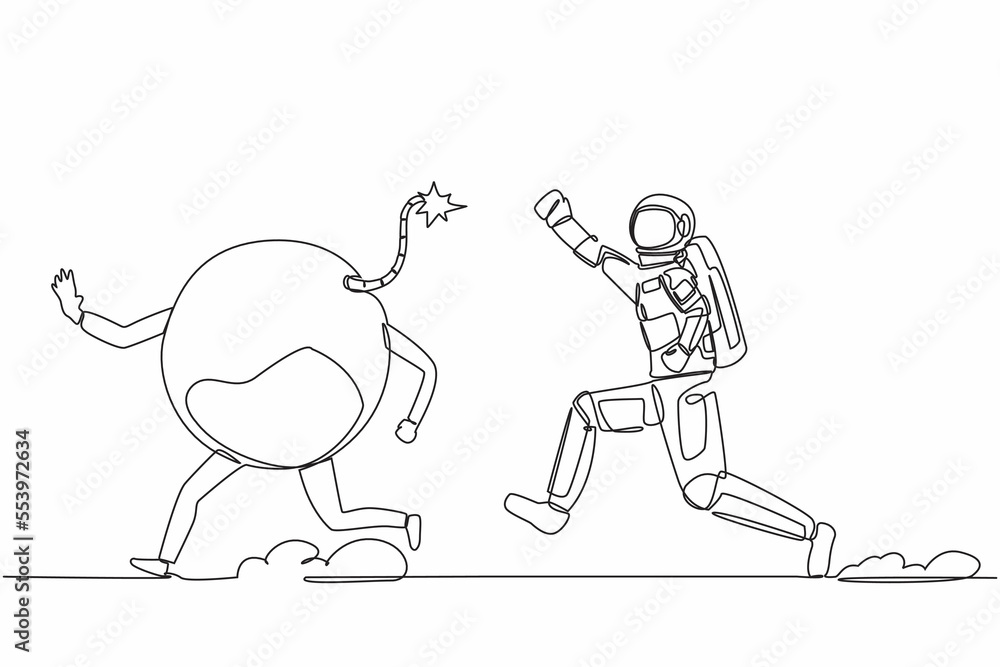 Poster single continuous line drawing astronaut run chasing bomb in moon surface. closed spaceship company 