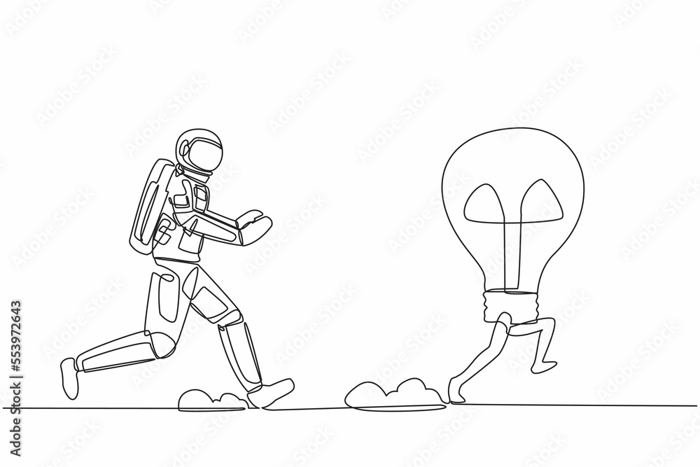Poster continuous one line drawing young astronaut run chasing light bulb in moon surface. innovation in di