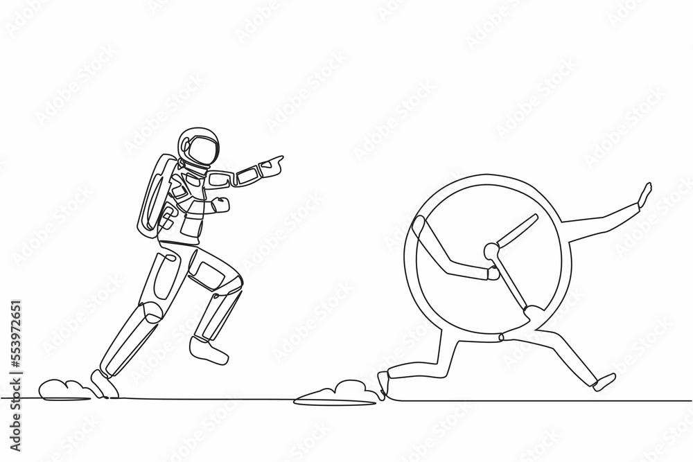 Poster single continuous line drawing of young astronaut run chase clock time in moon surface. time managem