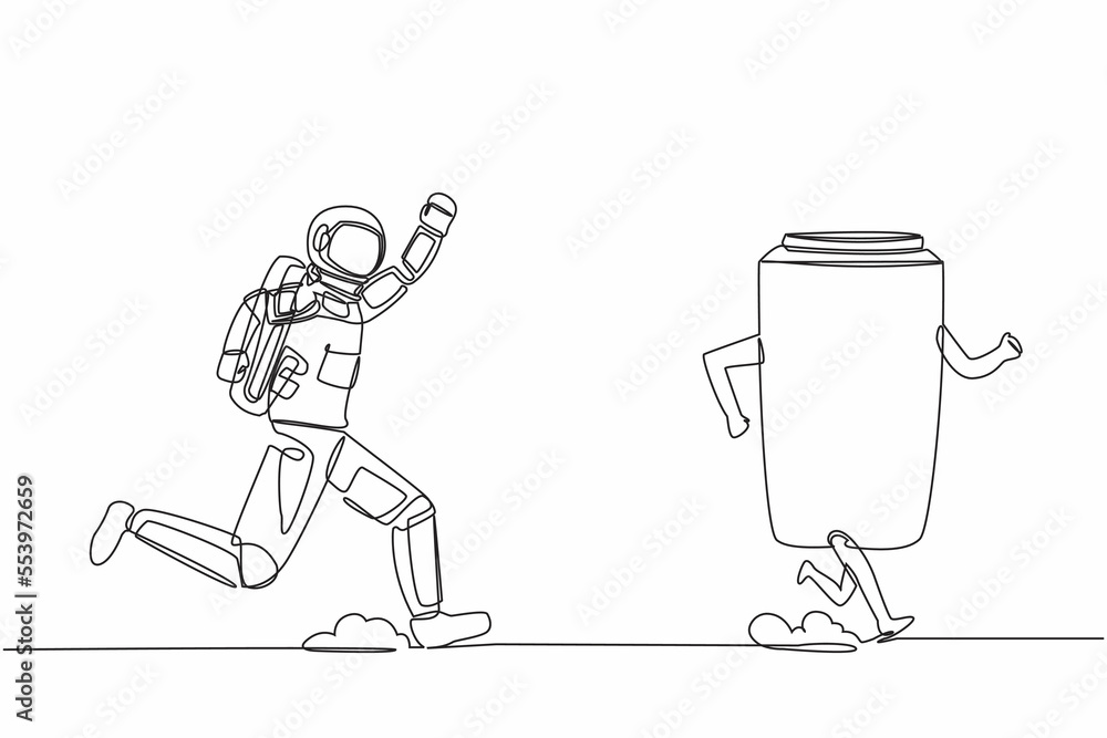 Poster continuous one line drawing young astronaut run chasing paper cup in moon surface. recycling waste t