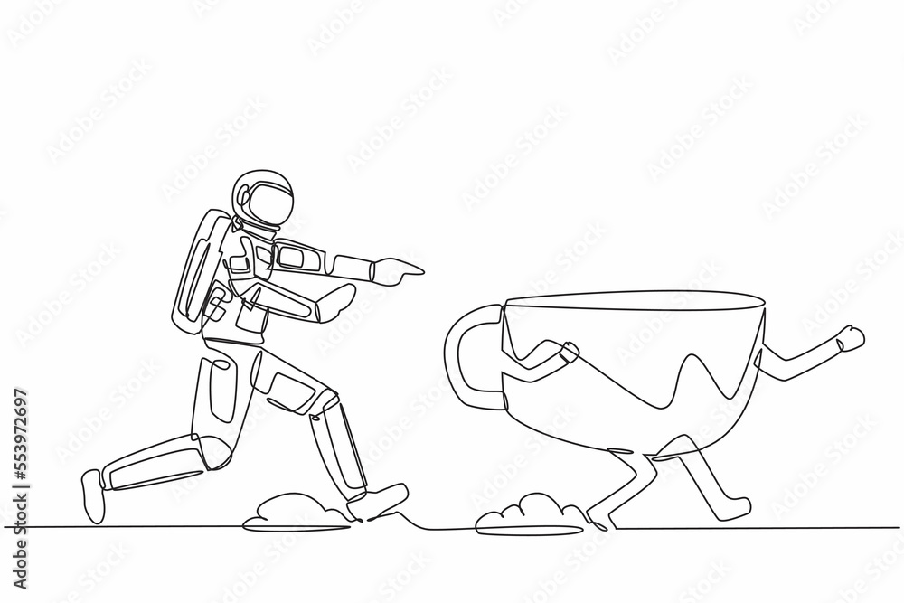 Poster single one line drawing young astronaut run chase coffee cup in moon surface. enjoying cappuccino wh